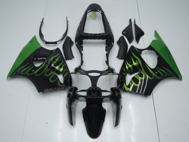 Affordable 2000-2002 Black with Green Flame Kawasaki Ninja ZX6R Motorcycle Fairings Canada